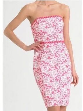 Lilly Pulitzer Pink Floral Lace Strapless Dress Beaded Trim Size 4